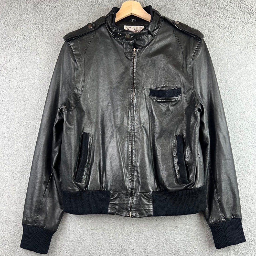 Verducci Vintage Black Leather Bomber Jacket Mens 44 Cafe Racer Moto Ribbed Trim